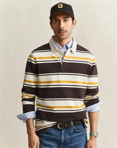 Gant - Striped Heavy Rugger Polo - Charred Wood Brown